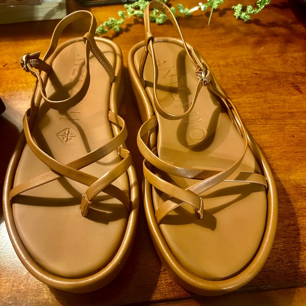 ANTONIO MELANI NWT Genuine Leather Camel Brown Strappy Toe Ring Sandal 7.5 & 8.0